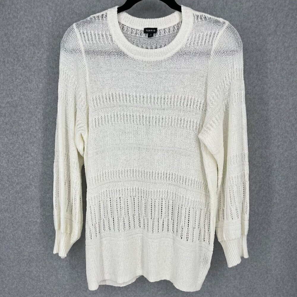 Torrid Pointelle Pullover Balloon Sleeve Sweater Size 3X White Open Knit Beachy